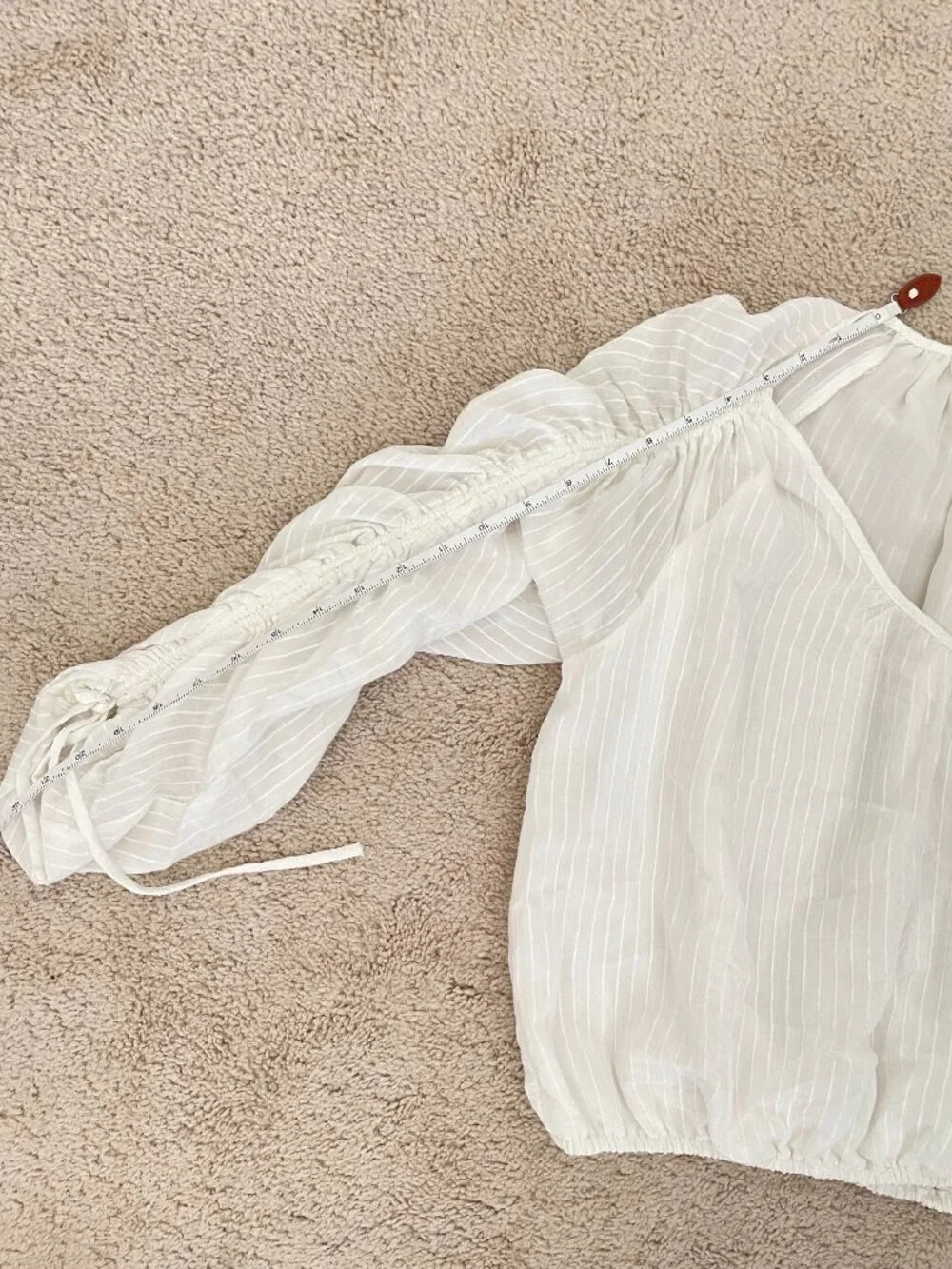 ASTR The Label White Sheer Ruched Sleeve Blouse S V Neck Tie Detail Stripe